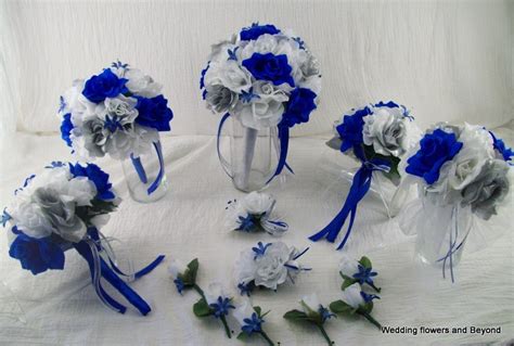 Silk Wedding Flowers Bridal Bouquets Royal Blue Silver And