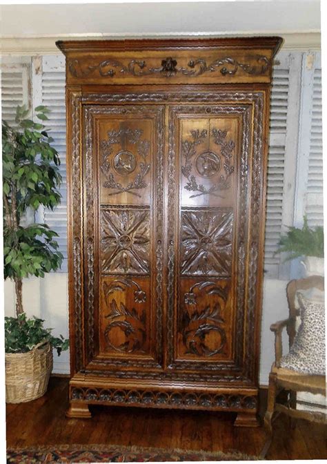 Antique French Armoire Wedding Wardrobe Recessed Panels Carving Shelves key