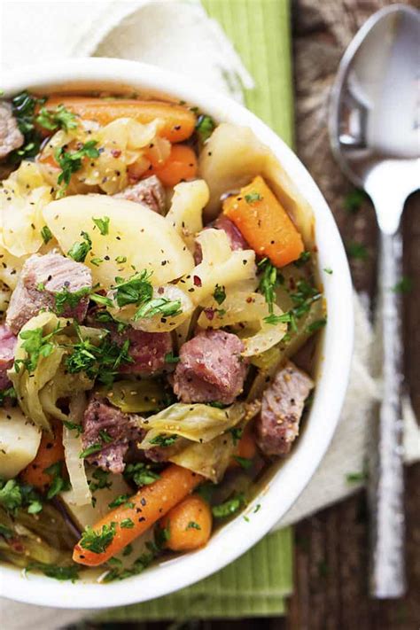 Then add potatoes, carrots, onions, garlic, mushrooms and cabbage for the last hour. Slow Cooker Corned Beef and Cabbage Stew | The Recipe Critic