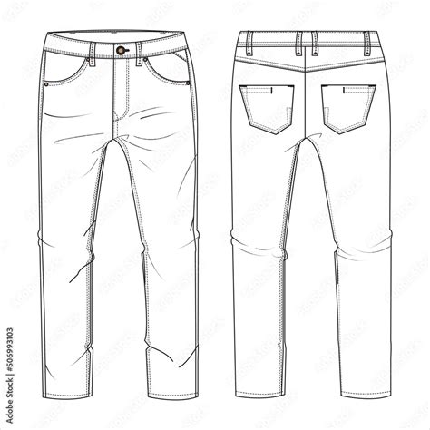 Denim Pant Flat Sketch Design Template Mens Denim Long Pant Technical