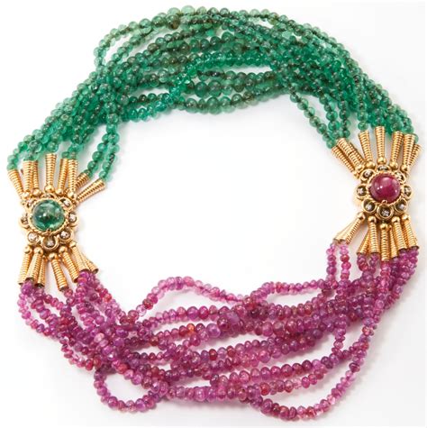 Necklace Form 18 Karat Gold Platinum Ruby Emerald And Diamond Necklace Bracelet Combination