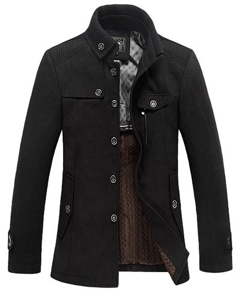 Chouyatou Mens Stand Collar Wool Blend Single Breasted Pea Coat With