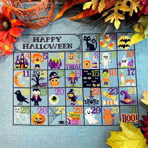 Halloween Calendar Cross Stitch Pattern Stitched Modern