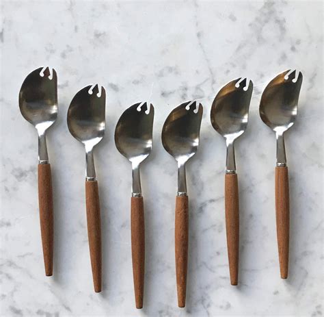 Mid Century Flatware Melon Spoons Set Of6 Stainless And Teak Etsy