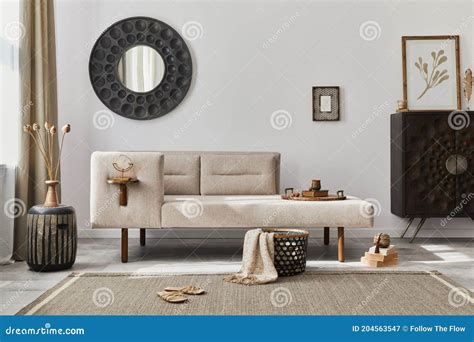 Modern Ethnic Living Room Interior With Design Chaise Lounge Round
