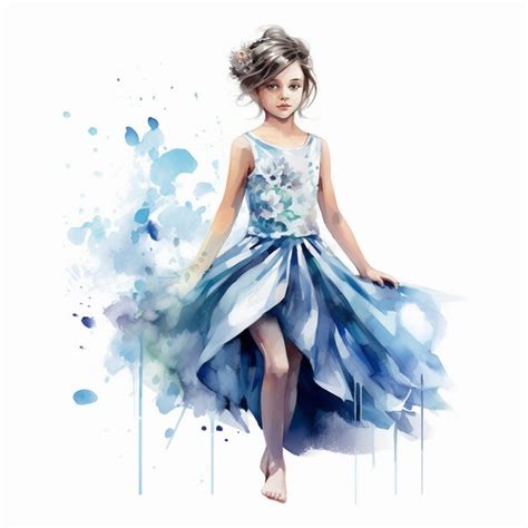 Premium Photo A Watercolor Painting Of A Girl In A Blue Dress