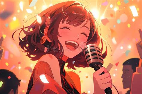Happy Anime Girl Singing On Stage Into A Microphone Stock Illustration