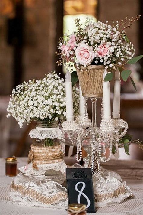 We specialize in wedding design that always encapsulates. Lace, burlap, and craft pearl wedding centerpiece | Deer ...