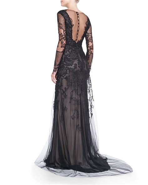 Monique Lhuillier Long Sleeve Embroidered Lace Gown In Black Noir Lyst