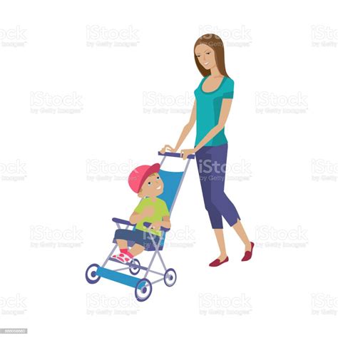 Mother Walks With Child Spends Time Rolls Baby On Stroller Stock