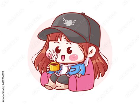 Cute And Kawaii Korean K Pop Girl Chill And Drink Coffee Manga Chibi