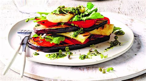 Chargrilled Eggplant With Haloumi Stack With Pesto
