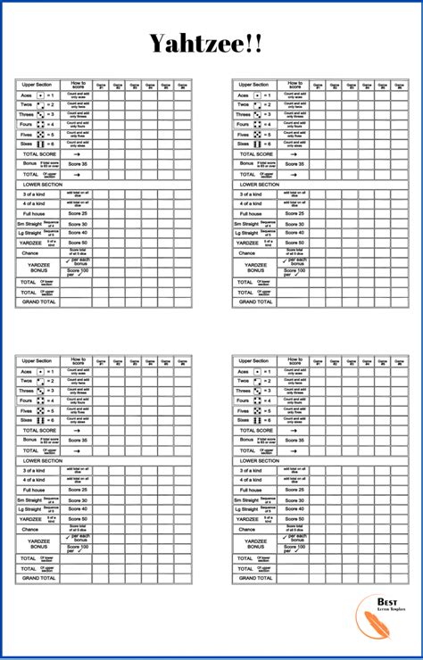 4 Yahtzee Score Sheets Free Download Printable Yahtzee Score Sheets