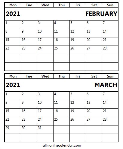 This template is without holidays. February and March 2021 Calendar - 2021 Printable ...
