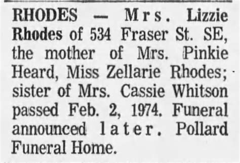 Obituary For Lizzie Rhodes