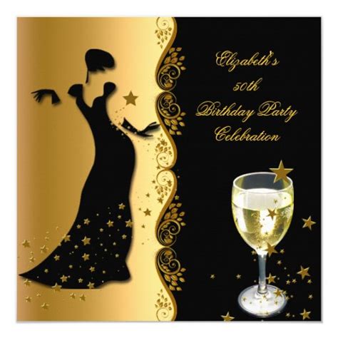 Elegant Lady 50th Birthday Party Gold Black Wine Card Zazzle