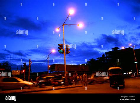 Dramatic Blue Twilight Sky With The Street Lights The Regular Traffic