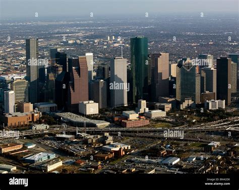 Aerial View Above Downtown Houston Texas Stock Photo Alamy