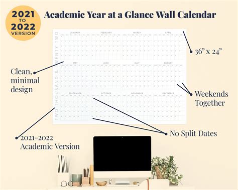 Printable Academic Year At Glance 2021 2022 August July Wall Etsy
