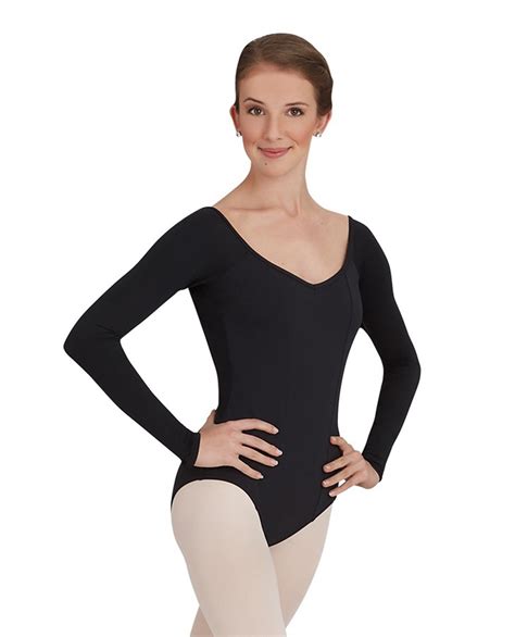 Capezio Microfiber Womens Ballet Leotard With Long Sleeves And V Back