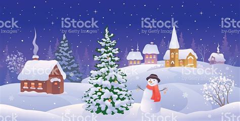 Vector Illustration Of A Christmas Night Landscape With A Snow