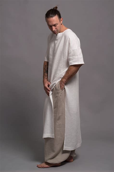 Long Linen Shirt For Men White Flax Tunic Mens Dress Kaftan Festival