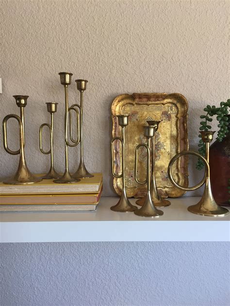 Vintage Set Of 8 Horn Shaped Tulip Brass Candlesticks Of Various