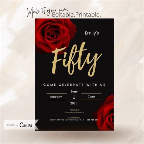 50th Birthday Party Invitation Black And Red Etsy