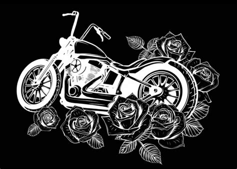 Monochromatic Illustration Motorcycle Woman Skull With Playing Cards