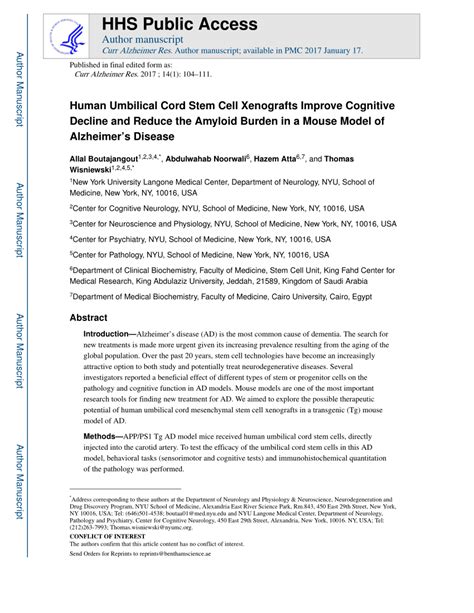 Pdf Human Umbilical Cord Stem Cell Xenografts Improve Cognitive