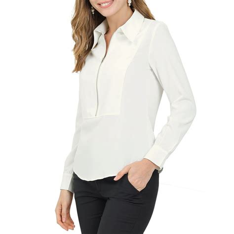 Unique Bargains Womens Office Work Shirt Point Collar Zip Front Long
