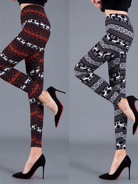 Women S Christmas Leggings Full Length Cotton Blend Print Micro Elastic High Waist Active