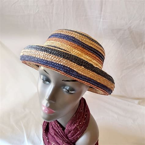 Vintage Straw Hat 1980s Upturned Brim Colorful Strip Gem