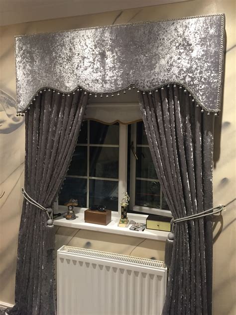 Shaped Cornice Board Pelmet Silver Crushed Velvet Curtains Window