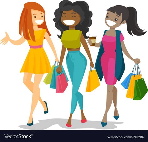 Young Happy Multicultural Women Shopping Together Vector Image