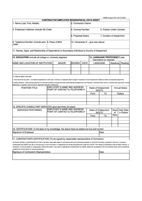 Contractor Employee Biographical Data Sheet Printable Pdf Download