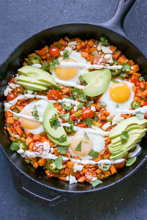 In a large ovenproof skillet, cook hash browns and onion in oil until potatoes are browned and onion is tender. Loaded Sweet Potato Hash and Eggs - The Wanderlust Kitchen