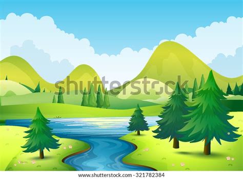 Nature Scene River Hills Illustration Stock Vector Royalty Free 321782384