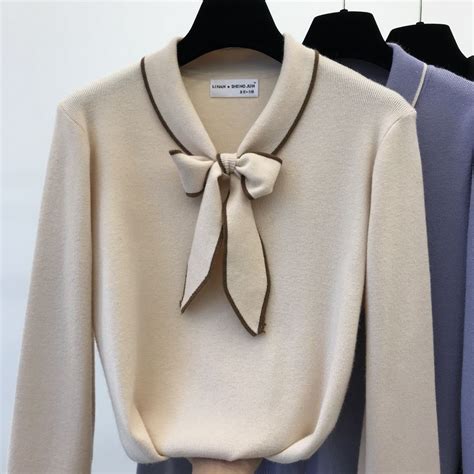 bow tie sweater v neck korean style women knitting pullover shirt kawaii jumper coat new 2019