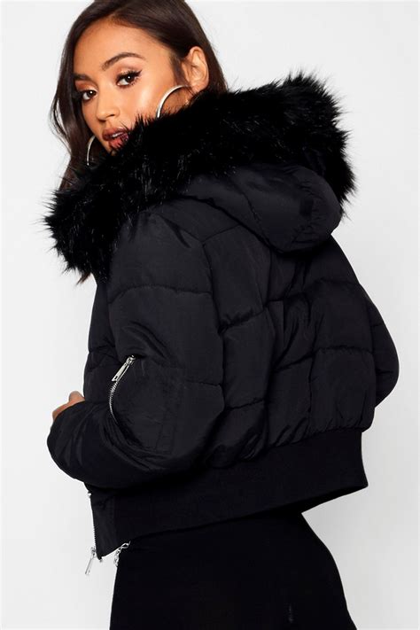 Petite Luxe Faux Fur Hood Sporty Cropped Coat Boohoo Faux Fur Hood