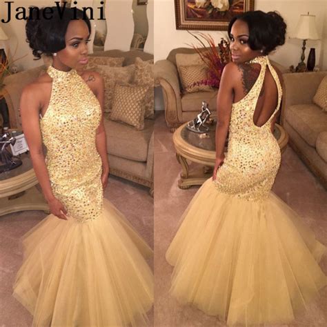 Janevini Luxurious Gold Crystal Mermaid Prom Dress For Black Girls High