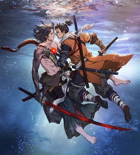 Two Anime Characters Are In The Water With Their Arms Around Each Other