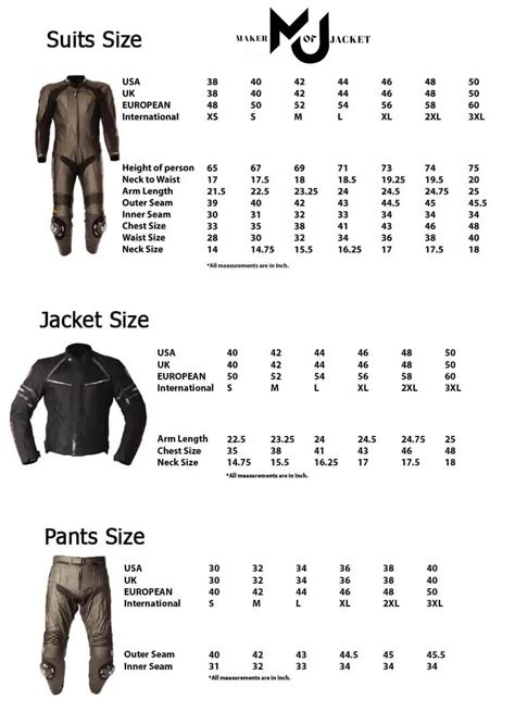 Sizes Chart And Sizing Guide Maker Of Jacket