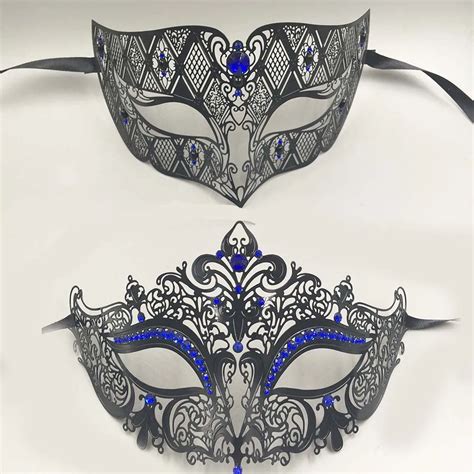 Black Red Blue Rhinestones Phantom Couple Masquerade Mask Set Birthday Party Costume Ball Metal