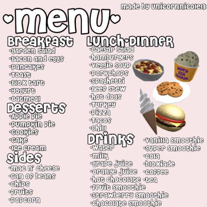 Menu bar )a horizontal menu that appears on top of a window. *NEW* Welcome To Bloxburg Food Menu - Roblox