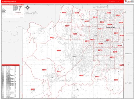 Johnson County Ks Zip Code Wall Map Red Line Style By Marketmaps