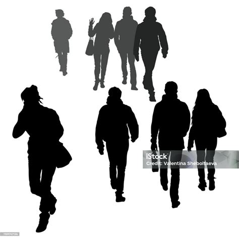 Vector Silhouettes Of Passersby People Go Towards Each Other Walking