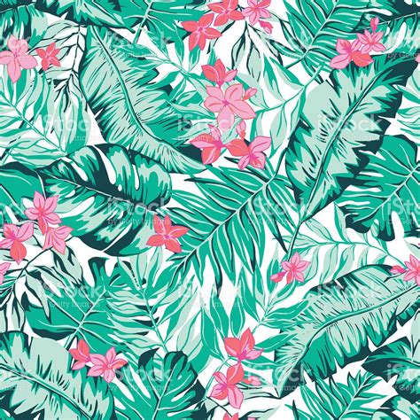 Vector Seamless Bright Green Tropical Pattern With Leaves Flowers