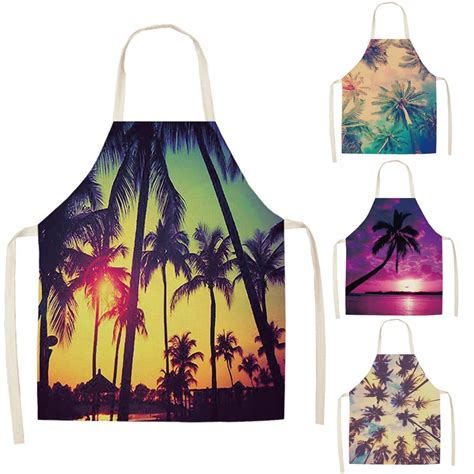 1 Pcs Coconut Tree Plant Printed Cotton Linen Apron Bibs For Women Barbecue Cooking Baking