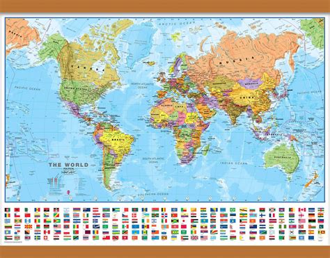 Medium World Map Political With Flags Canvas And Wood Bars
